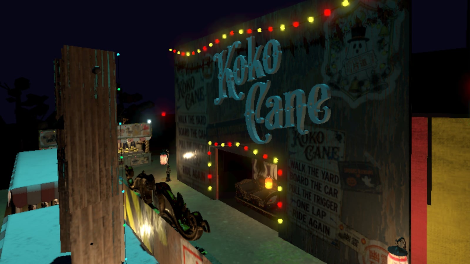 The Koko Cane ghost train at night, a weathered carnival facade strung with colored bulbs whose painted sign reads Walk the yard, board the car, pull the trigger, one lap, ride again