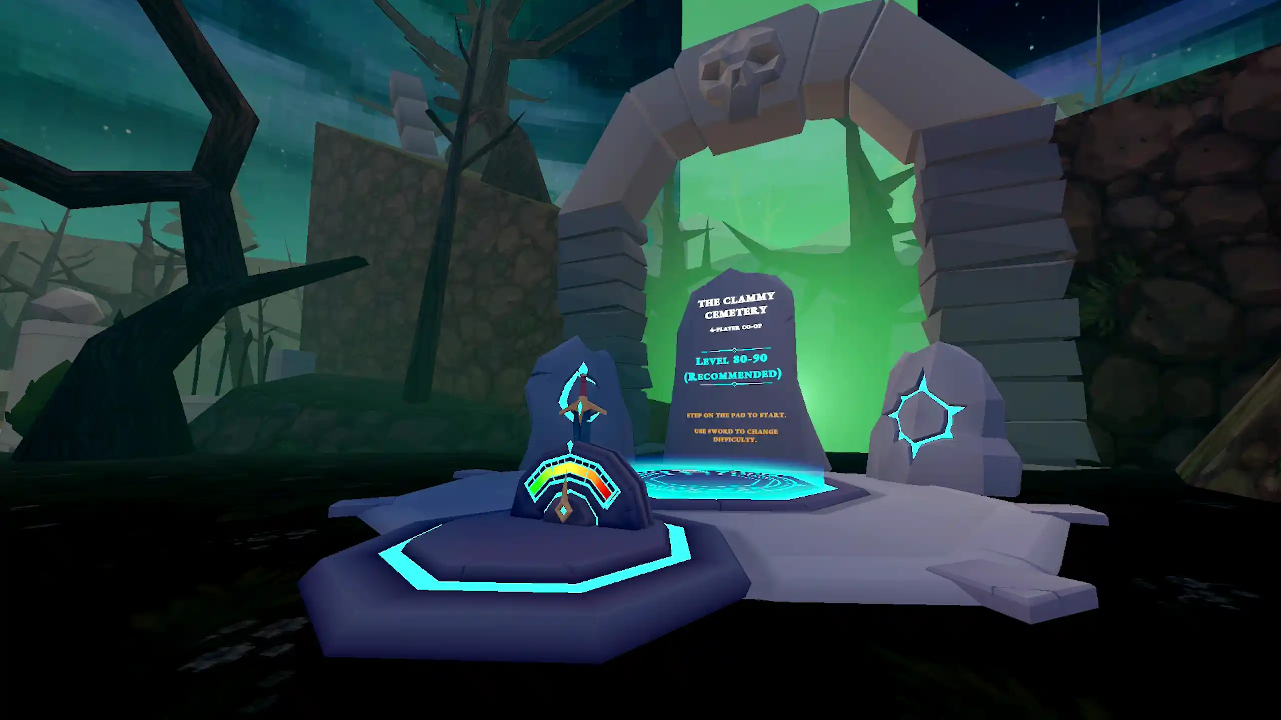 A Wizherd co-op dungeon portal labeled The Clammy Cemetery, four-player co-op, recommended level 80 to 90