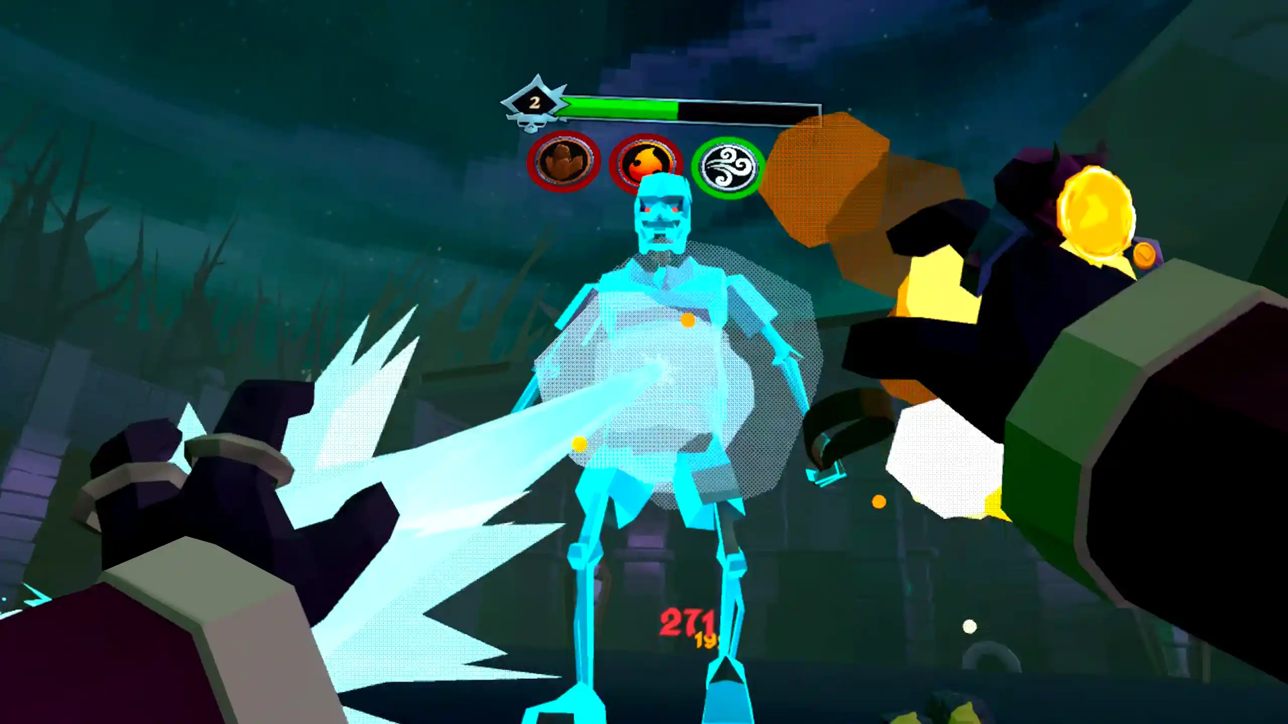 First-person view in Wizherd casting an ice beam at a skeleton enemy, with the three elemental spell selector visible above it