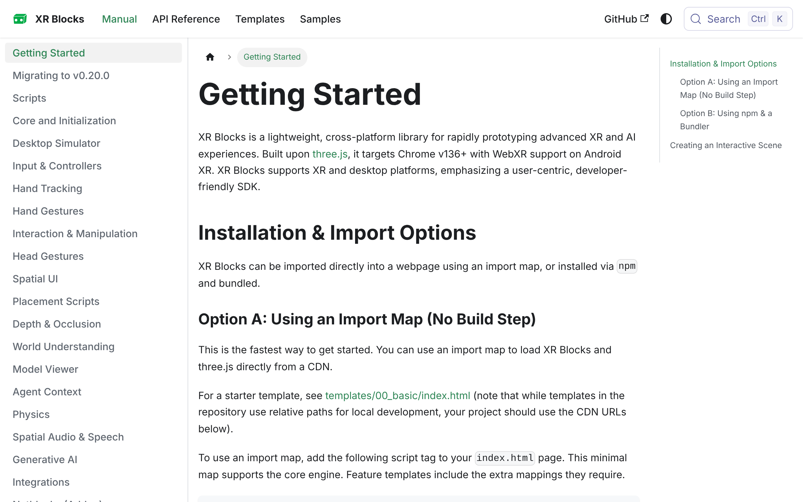 The XR Blocks documentation Getting Started page, describing the library as built on three.js and targeting Chrome v136 and later with WebXR support on Android XR