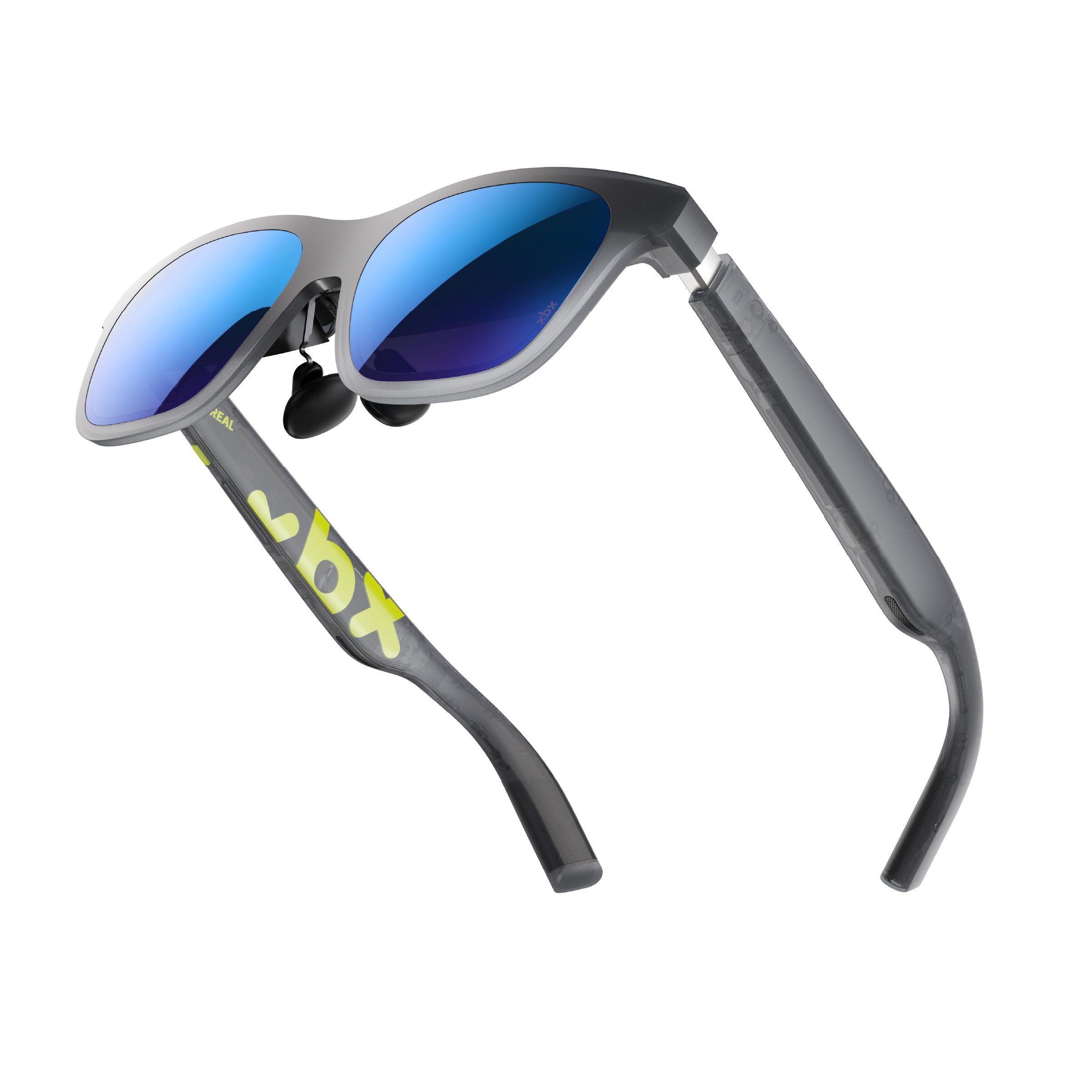 The X by XREAL a01+ display glasses, showing the translucent temple arms, blue-tinted display lenses, and xbx branding
