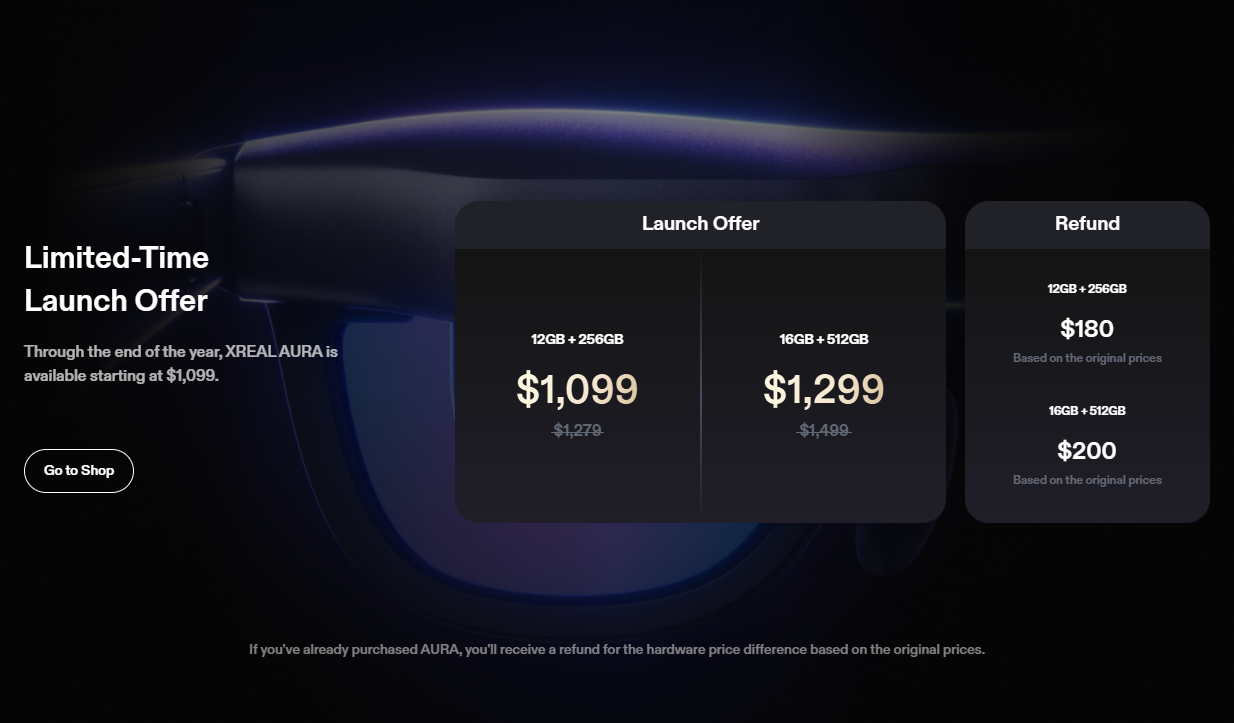 XREAL's AURA page showing a Limited-Time Launch Offer panel with $1,099 and $1,299 prices over struck-through $1,279 and $1,499, beside a Refund panel listing $180 for 12GB plus 256GB and $200 for 16GB plus 512GB